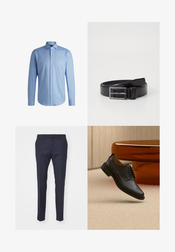 BOSS H-JOE-SPREAD - Košeľa - light blue; Námornícke nohavice s hladkou textúrou, s plochým predným dielom, skladmi a štíhlym strihom, vhodné na formálne príležitosti.; Čierna kožená pánska spoločenská topánka na šnurovanie levitujúca nad béžovým koberecom, s hnedým okrúhlym konferenčným stolíkom v pozadí.; Čierny kožený opasok s hladkou textúrou, vybavený striebornou obdĺžnikovou prackou a detailom na dvojitú pracku. Klasický a univerzálny dizajn.