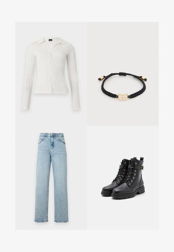 Wit blouse met lange mouwen, een gestructureerd ribdesign, kraag, knoopsluiting en een kleine sleutelgatopening aan de voorkant.; Lichtblauwe, high-waisted, rechte spijkerbroek van denim, met vijf zakken, subtiele verwassing en contrasterende stiksels langs de naden.; Zwarte leren enkelboots met een ronde neus, vetersluiting, gouden oogjes, een gespaccent en een chunky, gestructureerde zool.; Verstelbare zwarte gevlochten koordarmband met een gouden vlinderhanger versierd met kleine, heldere kristallen.