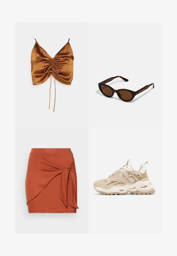 Even&Odd CAMI RUSHING FRONT - Top - 708 - cognac; Even&Odd Mini skirts - brown; Beige og hvide chunky sneakers med tyk sål, mesh- og læderpaneler, ovale udskæringer i mellemsålen, trækstropper på tunge og hæl.; Brune skildpadde solbriller med en vintage katteøje-form og brune linser. Har buede arme med røde detaljer.