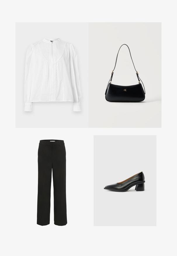 Witte blouse met lange mouwen en mandarijnkraag, verticale plooien, kantdetails aan de voorkant en manchetten, en een enkele knoopsluiting bij de hals.; Zwarte pantalon met streepdessin en een rechte tailleband met riemlussen, gemaakt van geweven stof, met verticale strepen in een contrasterende kleur.; Zwarte leren pump met lage hak, spitse neus en unieke uitlopende blokhak op een eendelige lichtgrijze achtergrond.; Zwarte leren schoudertas met gebogen vorm, verstelbare riem en goudkleurig "cK" logo aan de voorkant in het midden.