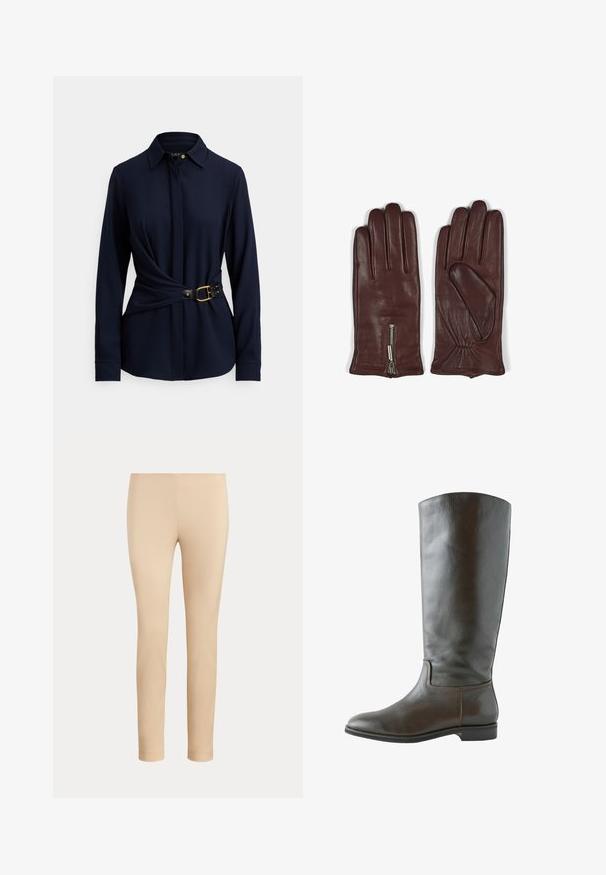 Marineblå langærmet skjorte med krave, snoet frontdesign og sort bælte med guldfarvet spænde og nittebesætning. Blød tekstur i stoffet.; Beige slim-fit ankellange bukser med en glat finish og uden synlige lommer eller pynt på en ensfarvet baggrund.; Brun læder knæhøj støvle med en glat overflade, rund tå og minimal syning. Sålen er flad med en lav hæl.; Brune læderhandsker med en glat tekstur, fem-finger design og en lynlåsdetalje ved håndleddet med samlet stofdetalje.