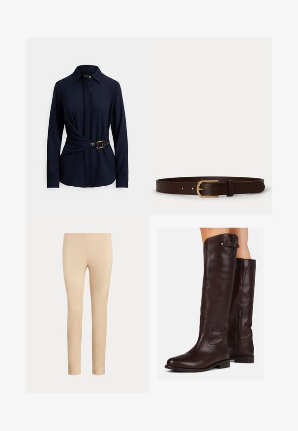Chemise à manches longues bleu marine avec col, design torsadé à l'avant, et ceinture noire avec boucle dorée et détails cloutés. Texture de tissu douce.; Pantalon beige slim fit longueur cheville avec une finition lisse, sans poches visibles ni ornements, sur un fond uni.; Bottes marron en cuir montantes avec un bout arrondi, fermeture éclair latérale et un petit détail de boucle en haut, présentant une texture lisse.; Ceinture en cuir marron avec boucle en métal doré et bords cousus, posée à plat sur un fond blanc.