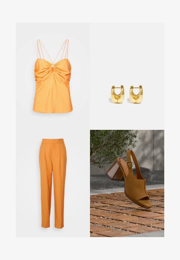 DESIGNERS REMIX EXCLUSIVE IOLA - Blouse - mandarin; Rodebjer MEGAN - Pantalon classique - caramel brown; Sandale à bride arrière en daim fauve avec un bout fermé et un talon épais brillant. Comprend une boucle rectangulaire et une semelle texturée.; Boucles d'oreilles en or avec un design élégant et arrondi. Présentent un centre creux et une surface brillante, complétant les styles modernes.
