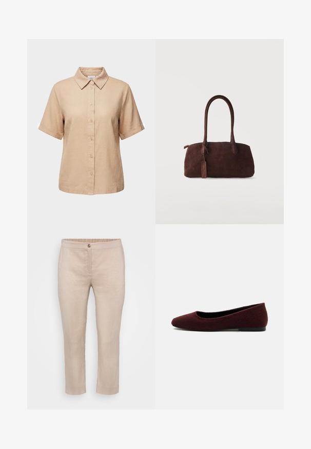 Beigen värinen lyhythihainen nappikauluspaita, jossa on teräväkaulus, edessä napit ja suora helma, esitetty valkoisella taustalla.; Beige pellavasta valmistetut lyhyet housut, joissa on tasainen etuosa, nappisulku ja elastinen vyötärö. Sileä pinta, jossa on vain vähän saumoja eikä taskuja.; Naisten burgundinpunaiset tasapohjaiset kengät pyöristetyllä kärjellä ja tekstuurillisella kankaalla, matalalla mustalla pohjalla, kuvattuna sivulta valkoisella taustalla.; Tummanruskea mokkanahkainen käsilaukku, jossa kaksi pitkää kantokahvaa ja pieni kiinnitetty lappu, yksiväristä vaaleaa taustaa vasten.
