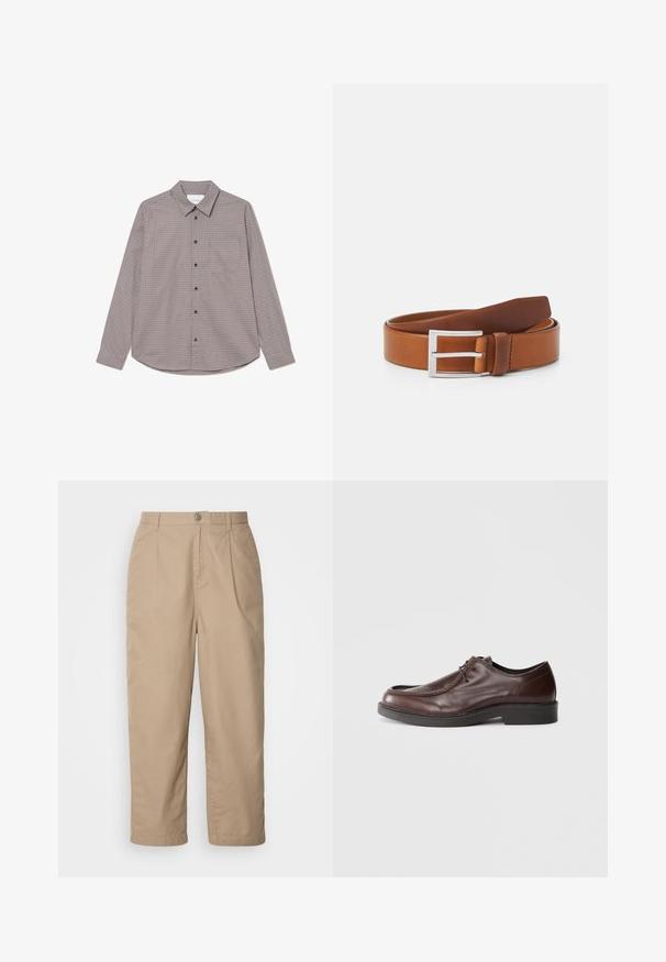 Dlhý rukáv, košela na gombíky hnedo-beige károvaného vzoru. Obsahuje golier, náprsné vrecko a čierne gombíky pozdĺž prednej strany.; Béžové, ľahké bavlnené nohavice s plisovaným predným dielom, zapínaním na gombík a rovnými nohavicami, s hladkou textúrou a bez viditeľných vzorov.; Hnedé kožené spoločenské topánky s okrúhlym špičkou, minimálnymi švami a pevným čiernym podošvom. Obsahujú šnurovanie a hladký povrch.; Hnedý kožený opasok s striebornou obdĺžnikovou prackou. Hladká textúra s mierne zúženým koncom a čistým, jednoduchým dizajnom.