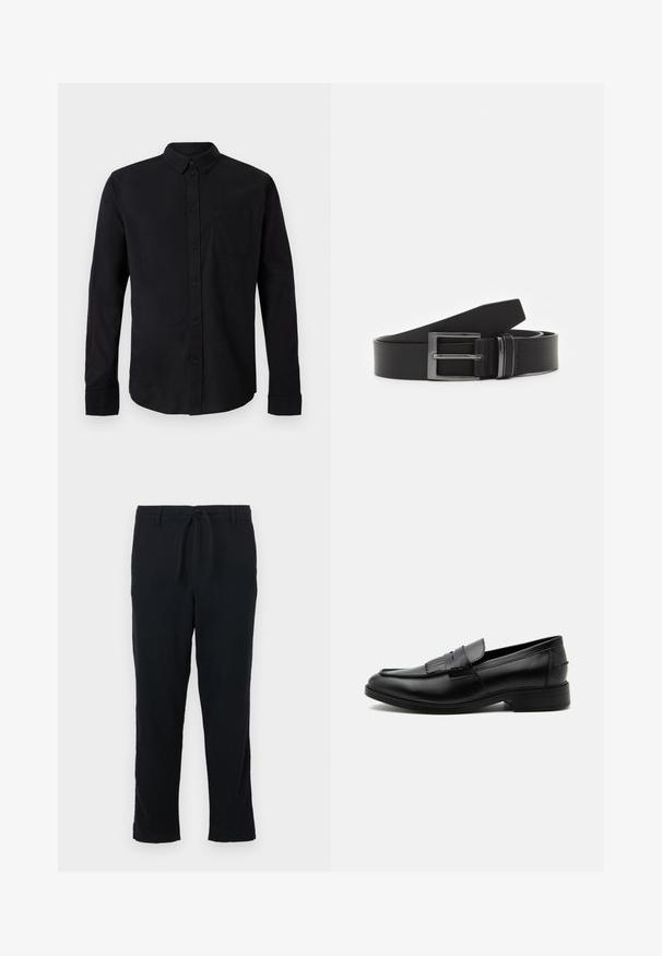 Chemise noire à manches longues avec boutons, col boutonné et une poche poitrine sur un fond clair uni.; Pantalons noirs en tissu doux avec une taille à cordon, coupe droite et ourlet simple, sans poches ni embellissements.; Mocassin homme en cuir noir avec détail pompon, bout arrondi, talon bas et finition polie lisse, montré de profil sur fond blanc.; Ceinture en cuir noir avec une boucle en métal argenté rectangulaire, au design plat et à la texture lisse. Les extrémités s'effilent pour un enfilage facile.