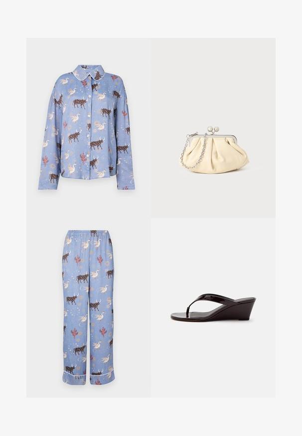 Camisa de manga larga azul claro con un estampado de toros marrones, cisnes y elementos celestiales; cierre de botones y cuello en contraste.; Pantalones de pijama azules con un patrón caprichoso que presenta vacas, criaturas míticas y elementos celestiales; cinturilla elástica y piernas anchas.; Sandalia de cuña de charol marrón con tira entre los dedos y punta abierta, mostrada de perfil sobre un fondo liso.; Clutch de cuero beige plisado con un marco de metal plateado, que cuenta con dos broches decorativos redondos y una correa de cadena plateada.