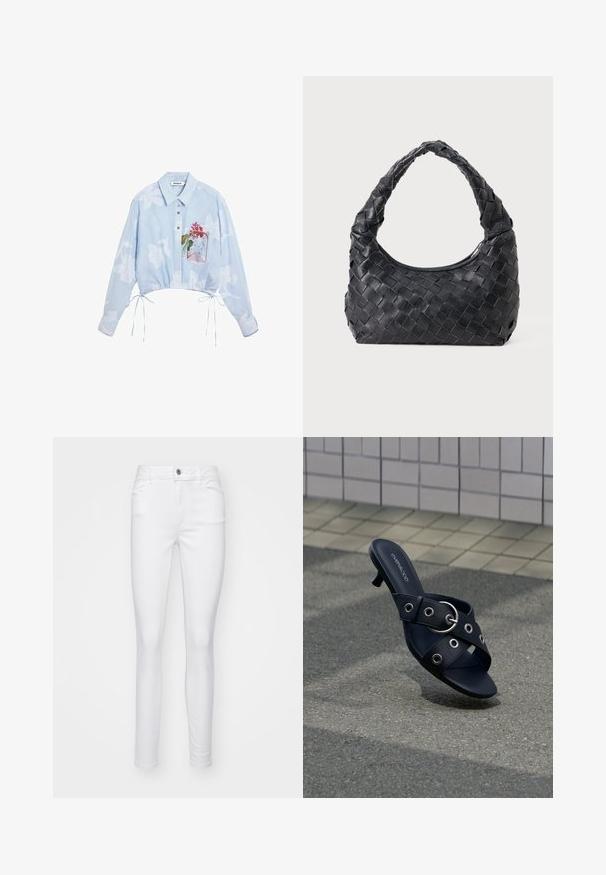 Hellblaues, kurz geschnittenes Hemd mit Knöpfen, weißem Blumenmuster, mehrfarbigen Knöpfen und einer kleinen Tasche mit rotem Blumenmotiv.; Weiße, schmale Jeans aus Jeansstoff, mit einem Vorderknopfverschluss, fünf Taschen und einer glatten Textur des Stoffes.; Schwarze Sandale mit Absatz und gekreuzten Riemen, die silberne Ösen und eine runde Schnalle aufweisen, auf strukturiertem Pflaster nahe einer gefliesten Wand platziert.; Schwarze Leder Schultertasche mit geflochtenem Tragegriff und halbrunder Form auf einem einfarbigen Hintergrund.