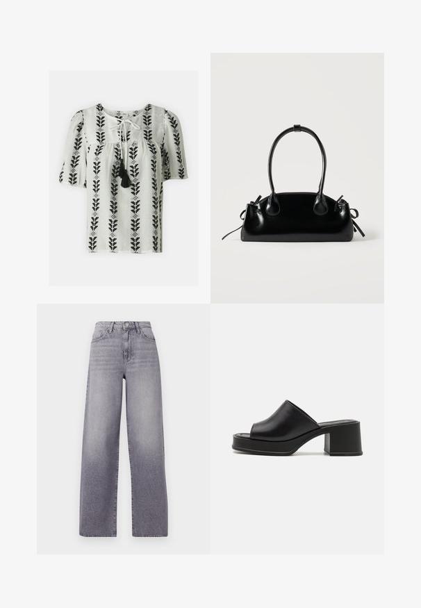 Hvid bluse med sort bladmønster, korte pufærmer, båndsløjfe i halsen med kvaster og indsamlet detaljering ved barmen.; Højtaljede, vide jeans i lysegrå denim. Har et klassisk fem-lomme design, diskret fading og en metalknaplukning.; Sorte læder platform sandals med rund åben tå, lav blokhæl og glat tekstur. Minimalistisk design med elegante linjer.; Lille sort blank håndtaske med to lange håndtag og snøre-detaljer i siden på en ensfarvet lys baggrund.