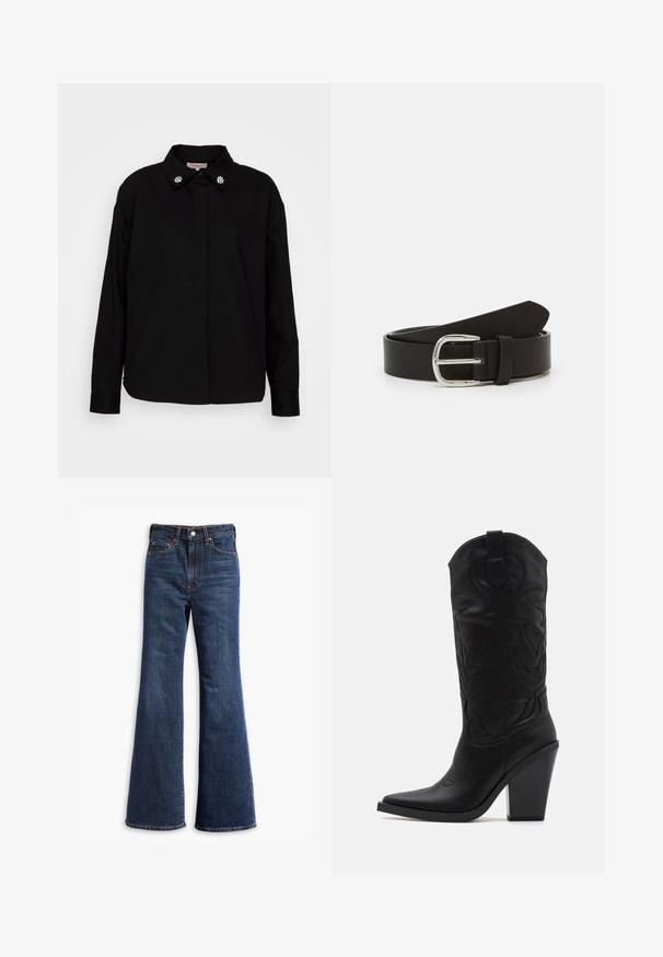 ONLY ONLMEGAN DETAIL - Blusa - black; Jeans de mezclilla de tiro alto en azul oscuro, con piernas acampanadas, cierre delantero de botón y cremallera, y diseño de cinco bolsillos.; Simmi London DANIQUE - Botas de tacón - black; Cinturón de cuero negro con una textura suave, que presenta una hebilla de metal plateada y un extremo estrechado. Diseño simple y clásico.