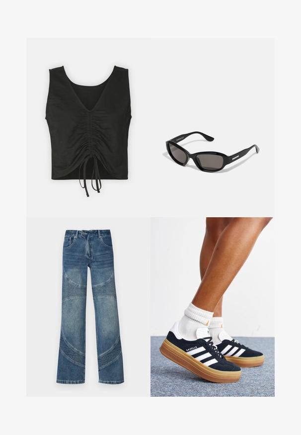 Čierny cropped top s hlbokým V-výstrihom, s zhromaždenou textúrou po prednej časti a nastaviteľnými viazaniami na spodnom okraji. Hladká a ľahká tkanina.; Džínsy z modrej denimovej látky s vysokým pásom a širokými nohavicami, s zakriveným švom a ryhovanými časťami na dolnej časti. Neformálny štýl.; Nohy v bielych ponožkách a čiernych teniskách Adidas Gazelle s bielymi pruhmi a hrubými hnedými podrážkami na sivom koberci.; Čierne slnečné okuliare s obdĺžnikovým rámom, tmavými šošovkami, hladkým plastovým materiálom a kovovým akcentom na ramene.