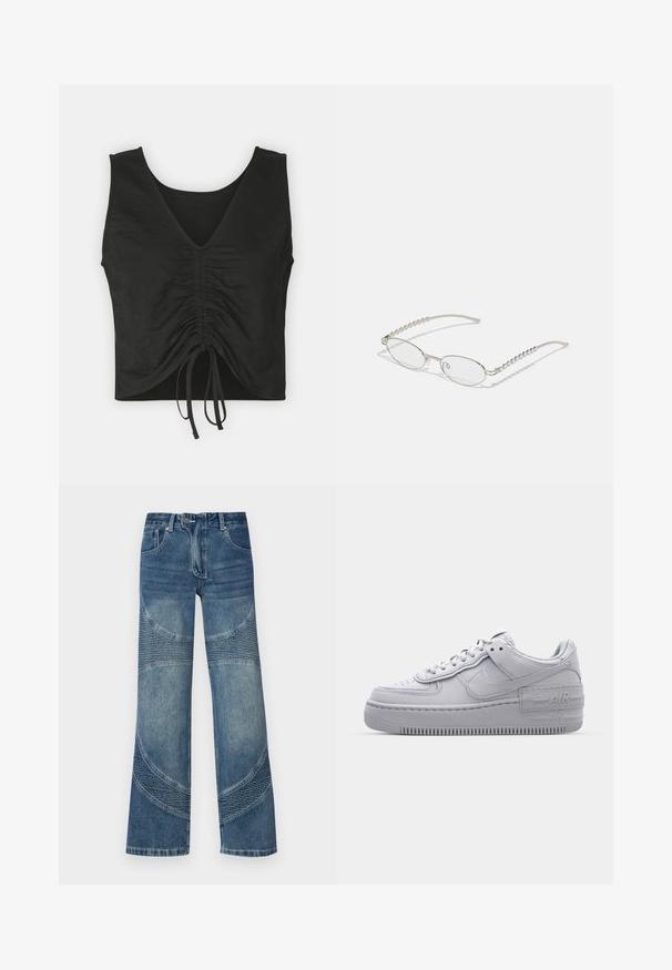 Μαύρο crop top με βαθύ V-λαιμόκοψη, διαθέτοντας μαζεμένο ύφασμα στο μπροστινό μέρος και ρυθμιζόμενους κορδόνια στο στρίφωμα. Λείο, ελαφρύ ύφασμα.; Μπλε τζιν παντελόνι ψηλής μέσης με φαρδιά πόδια, με καμπύλες ραφές και πλεχτές λεπτομέρειες στο κάτω μέρος. Καθημερινό στυλ.; Γκρι Nike Air Force 1 αθλητικό παπούτσι με πορώδη μύτη, λεία δερμάτινη επάνω επιφάνεια, χοντρή σόλα και ανάγλυφη λεπτομέρεια 'AIR' στην φτέρνα.; Οβάλ γυαλιά με μεταλλικό ασημί σκελετό, διαφανείς φακούς και ανάγλυφες περλίτσες στις βραχίονες. Ελαφριά σχεδίαση με καμπύλα άκρα.