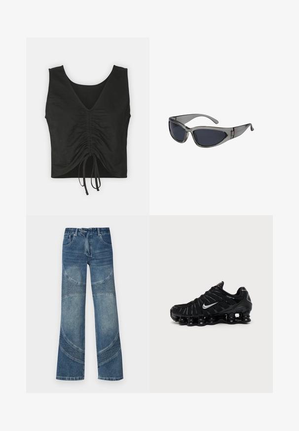 Čierny cropped top s hlbokým V-výstrihom, s zhromaždenou textúrou po prednej časti a nastaviteľnými viazaniami na spodnom okraji. Hladká a ľahká tkanina.; Džínsy z modrej denimovej látky s vysokým pásom a širokými nohavicami, s zakriveným švom a ryhovanými časťami na dolnej časti. Neformálny štýl.; Čierna Nike športová obuv so strieborným logom Swoosh, sieťovinovým a syntetickým zvrškom a výraznou segmentovanou podrážkou s poduškami.; Slnečné okuliare s elegantným, uhlovým dizajnom. Šedé priehľadné rámy s tmavými sklami. Na stranici je kovový akcent.