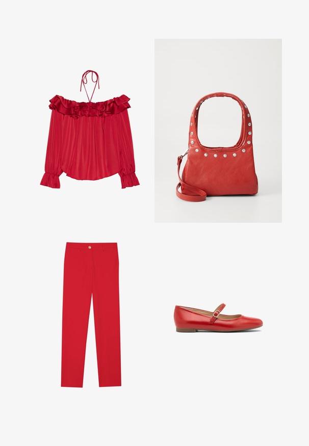 Rød off-the-shoulder bluse med flæset halsudskæring, bindinger, plisseret tekstur og udvidede ærmekanter. Letvægts satinmateriale.; Røde bukser med lige pasform, flad front, enkelt knaplukning og to sidelommer. Glat stof uden synlige mønstre eller accenter.; Røde læder ballet flats med en rund tå og et enkelt justerbart rem over vristen. Flad sål med minimal hæl. Enkel design.; Rød lædertaske med sølvnitter rundt om den øverste kant og håndtagene, der har en aftagelig skulderrem på en ensfarvet baggrund.