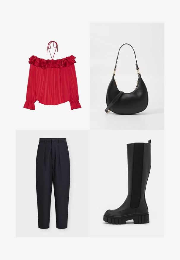 Κόκκινη μπλούζα off-the-shoulder με ριγέ λαιμόκοψη, με κορδόνια, πλισέ υφή και φαρδιά μανίκια. Ελαφρύ σατέν ύφασμα.; Μαύρο ψηλόμεσο παντελόνι με στενή γραμμή, πιέτες, θηλιές για ζώνη και κρυφό εμπρόσθιο κούμπωμα, παρουσιάζεται πάνω σε λευκό φόντο.; Μαύρες μπότες μέχρι το γόνατο από λείο συνθετικό υλικό με ελαστικές πλευρικές πάνελ, χοντρή υφή σόλας και στρογγυλή μύτη.; Μαύρη δερμάτινη τσάντα χειρός με καμπύλη σχήμα, διαθέτει κλείσιμο με φερμουάρ στην κορυφή, κοντό χερούλι και αποσπώμενο ιμάντα για τον ώμο. Χρυσές μεταλλικές λεπτομέρειες.