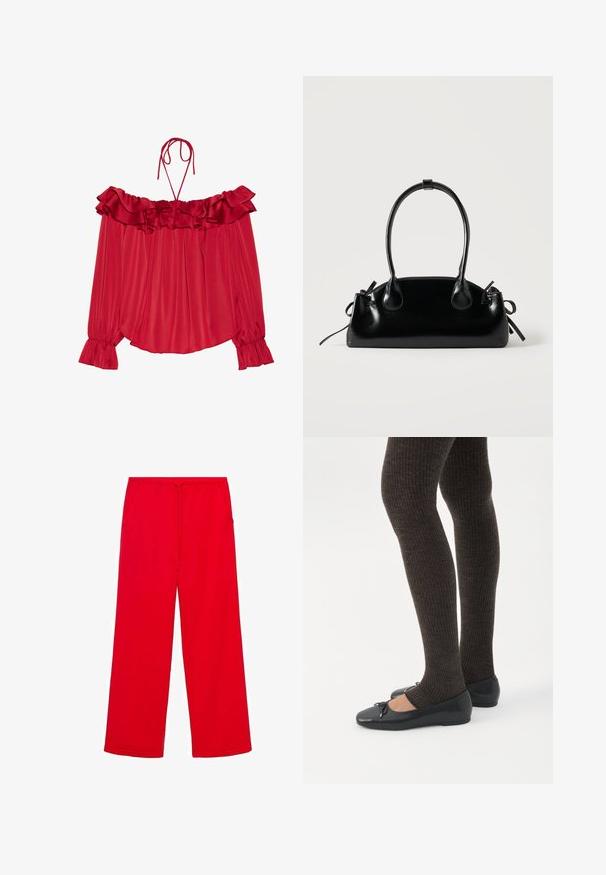 Blouse rouge à épaules dénudées avec un col à volants, des bretelles à nouer, une texture plissée et des manches à pattes d'éléphant. Tissu satin léger.; Pantalons de survêtement larges rouges en tissu doux, dotés d'une taille élastique et d'un cordon de serrage, avec deux poches latérales pour plus de commodité.; Jambes portant des leggings côtelés foncés associés à des ballerines noires avec de petits détails en nœud sur fond blanc.; Petit sac à main noir brillant avec deux longues anses et des détails à cordon sur les côtés sur un fond clair uni.