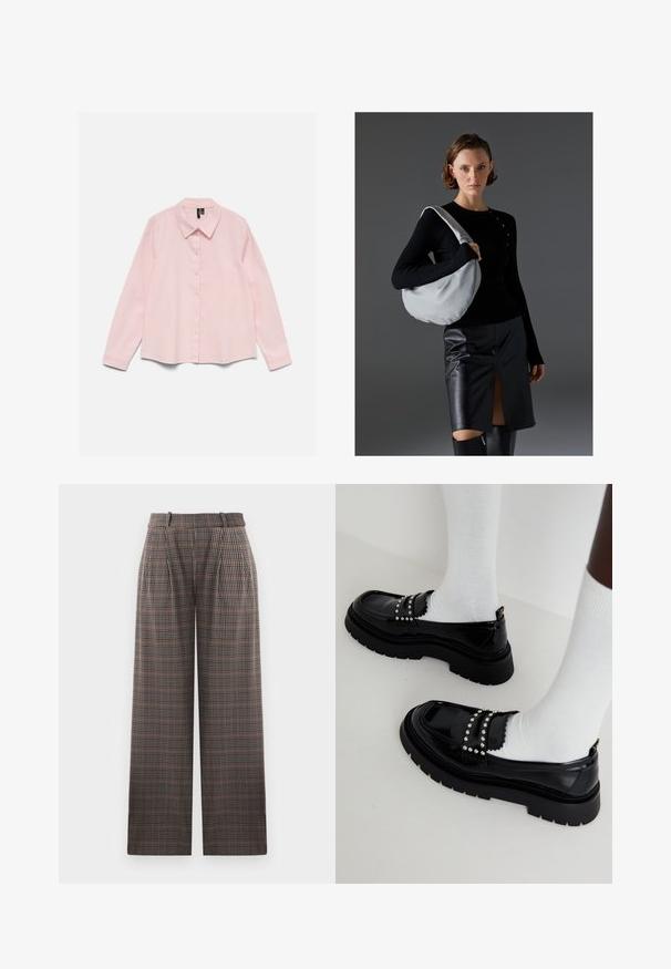 Camisa de manga larga de color rosa claro con botones y cuello, extendida sobre un fondo blanco.; Pantalones de cuadros con diseño de pierna ancha, que presentan pliegues, una cintura alta y una mezcla de colores marrón, negro y azul claro.; Zapatos de charol negros con suela gruesa, adornados con tachuelas plateadas y detalles en ondas, llevados con calcetines blancos.; Bolso hobo en gris claro, material suave, forma redondeada. Combinado con una blusa negra de manga larga y una falda de cuero negra con una abertura frontal.