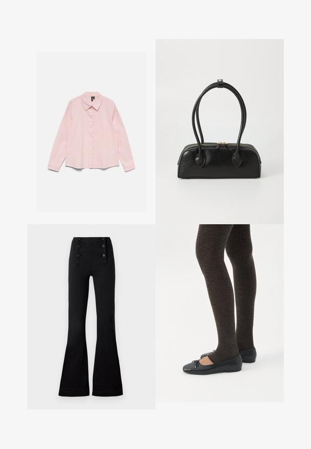 Camisa de manga larga de color rosa claro con botones y cuello, extendida sobre un fondo blanco.; Pantalones acampanados negros de mezclilla con una cintura alta, que presentan cuatro botones decorativos en la parte delantera y una textura suave.; Piernas con leggings oscuros acanalados combinados con bailarinas negras que presentan pequeños detalles de lazo sobre un fondo blanco.; Bolso de mano de cuero negro con dos asas alargadas, cierre de cremallera y forma redondeada; textura suave con un acabado ligeramente brillante.