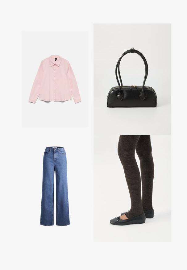 Chemise rose clair à manches longues avec col et boutons, étalée à plat sur un fond blanc.; Jean large en denim bleu clair avec taille haute, deux poches avant et coutures visibles. Fermeture à bouton et à zip.; Jambes portant des leggings côtelés foncés associés à des ballerines noires avec de petits détails en nœud sur fond blanc.; Sac à main en cuir noir avec deux anses allongées, fermeture éclair et forme arrondie ; texture lisse avec une finition légèrement brillante.