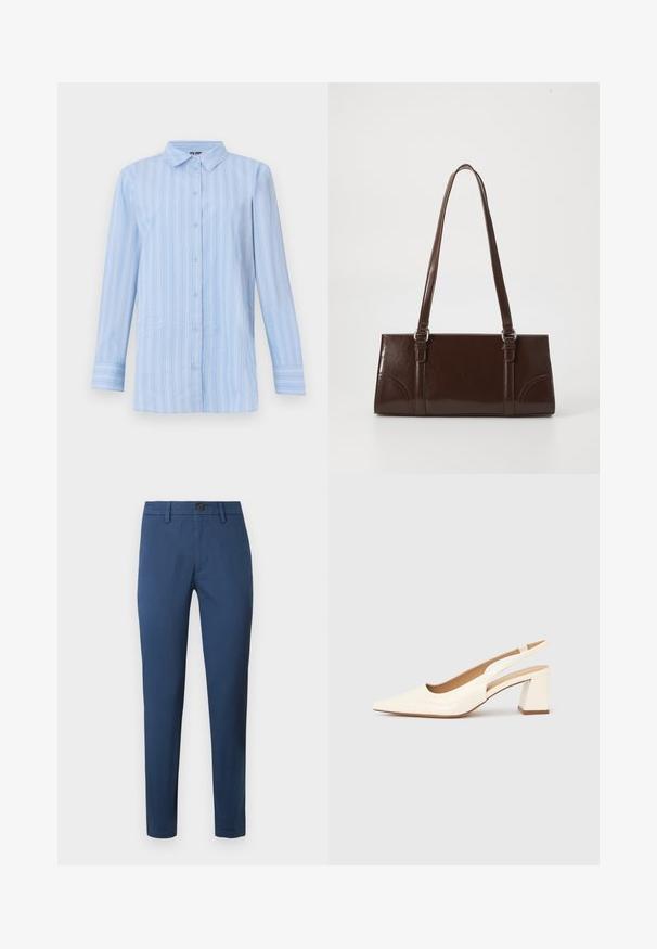 Lys blå langærmet skjorte med knapper og hvide lodrette striber samt spids krave, vist på en ensfarvet baggrund.; Blå bomulds chinos med slim fit, der har knaplukning, bæltestropper og standard lommer, glat tekstur og rene linjer.; Slingback-pumpe i blank cremefarvet laklæder, med spids snude og kraftig firkantet hæl for stabilitet. Minimalistisk design uden pynt.; Brun lakeret håndtaske med rektangulær form, to lange håndtag og subtile buede detaljer på fronten.