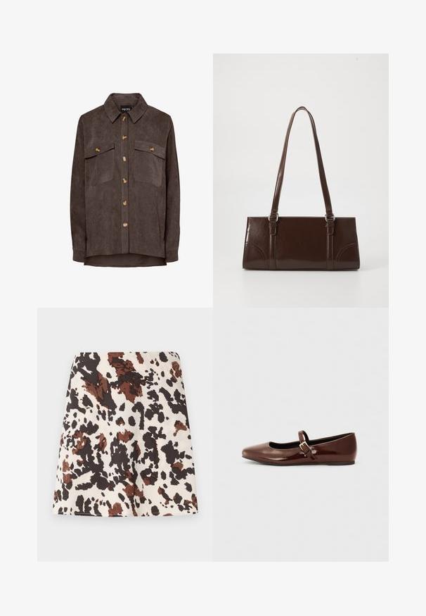 Chemise en velours côtelé marron à boutons, manches longues, deux poches poitrine à rabat et col.; Jupe courte avec un motif tacheté de vache en crème, marron et noir. Fabriquée en tissu doux, elle présente un design droit et ajusté avec une légère élasticité.; Ballerine en cuir verni marron avec un bout carré et une lanière ornée d'une petite boucle dorée. Texture lisse, talon bas et design minimaliste.; Sac à main en cuir verni marron de forme rectangulaire, avec deux longues poignées et des accents courbés subtils à l'avant.