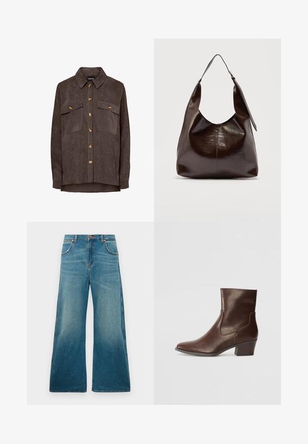 Brun cordskjorte med lange ærmer, to brystlommer med klap og krave.; Højtaljede blå denimjeans med brede ben, frontlommer, knaplukning og en falmet farvegradient fra talje til kant.; Brun læderankelstøvle med spids tå, mellemstor blokhæl og elastiske sider for nem påtagning. Glat tekstur og elegant design.; Mørkebrunt, skinnende læder skuldertaske med en enkelt bred rem og spændedetalje på den ene side, sat mod en ensartet lys baggrund.