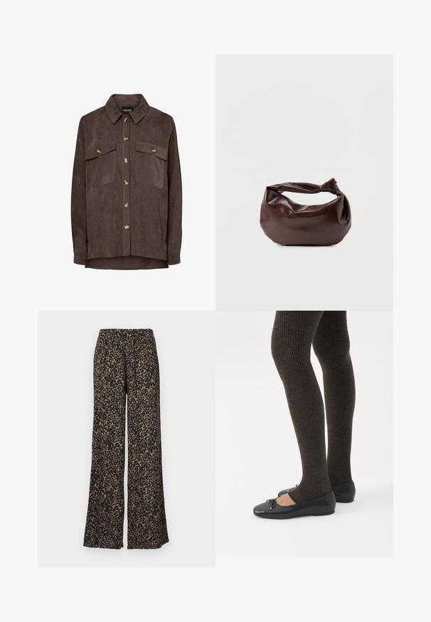 Brun cordskjorte med lange ærmer, to brystlommer med klap og krave.; Bukser med vide ben med leopardprint i jordfarver af brun og sort, lavet af et blødt, let stof med en elastisk talje.; Ben iført mørke ribbede leggings kombineret med sorte balletsko med små sløjfedetaljer på hvid baggrund.; Mørkebrun læder skuldertaske med en blød, afslappet form og et snoet knudehåndtag på en ensartet hvid baggrund.