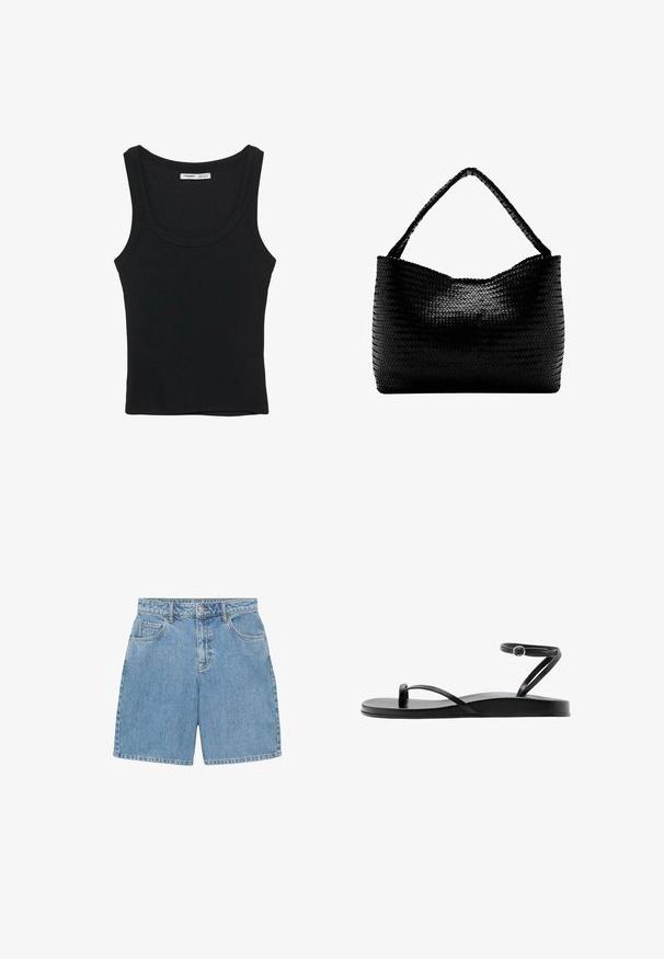 Zwarte geribde mouwloze tanktop met een ronde halslijn en rechte zoom, label aan de binnenkant van de achterkant van de nek.; Lichtblauwe denim shorts met een hoge taille, vier zakken en zichtbare stiksels. Gemaakt van gestructureerde denimstof.; Zwarte platte sandaal met dunne bandjes, teenlus en een enkelbandje met een kleine ronde gesp, zijaanzicht.; Zwarte geweven handtas met een enkele gevlochten hengsel, rechthoekige vorm en glanzend gestructureerd oppervlak.