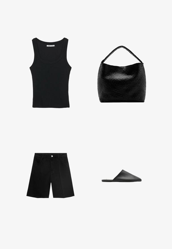Sort ribbet ærmeløs tanktop med rund halsudskæring og lige kant, etiket på indersiden bag på nakken.; Sorte denim shorts med lige snit, fem lommer og sølvfarvet knaplukning. Glat tekstur med minimal syning.; Sort lædersko uden snørebånd med spids tå og glat tekstur, med et minimalistisk design og flad sål.; Sort vævet håndtaske med et enkelt flettet håndtag og en bred, blød rektangulær krop mod en hvid baggrund.
