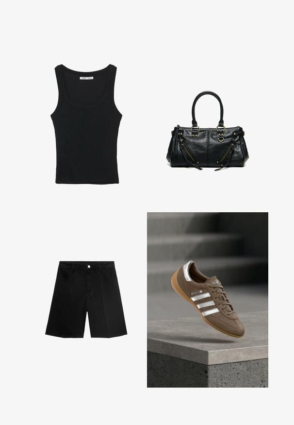 Sort ribbet ærmeløs tanktop med rund halsudskæring og lige kant, etiket på indersiden bag på nakken.; Sorte denim shorts med lige snit, fem lommer og sølvfarvet knaplukning. Glat tekstur med minimal syning.; Brun ruskindssneaker med hvide striber og sølvdetaljer, med tekstureret overdel, snørelukning og gummisål i caramelfarve.; Sort læderhåndtaske med to håndtag, to skrå lynlåslommer med frynser samt guldfarvede metalringe og nitter.