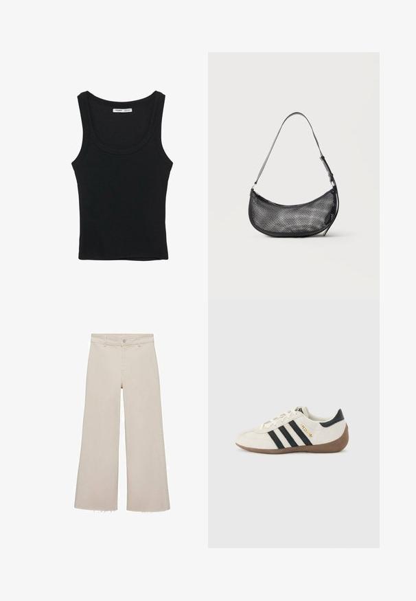 Débardeur noir côtelé sans manches avec un col rond et un ourlet droit, étiquette à l'intérieur du dos du cou.; Jeans beige à jambes larges avec taille haute, en tissu denim. Présente un ourlet brut en bas et une fermeture à boutons et à glissière à l'avant.; Baskets blanches Adidas avec des rayures noires, une semelle texturée marron, et le lettrage doré "SPEZIAL" sur le côté, vues du côté extérieur.; Petit sac d'épaule noir en mesh en forme de croissant avec une lanière fine réglable, sur un fond clair uni.