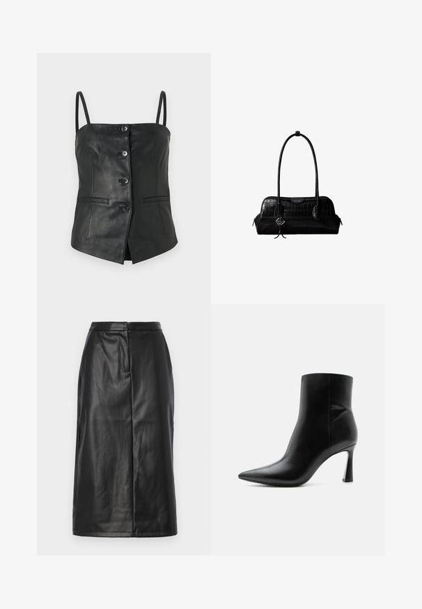 Top de cuero negro sin mangas con cuatro botones frontales, tirantes delgados y dos solapas de bolsillo horizontales sobre un fondo blanco liso.; Falda de cuero negra con una silueta ajustada, que presenta una textura suave, diseño de longitud media y detalles de costura sutiles. Sin acentos de herrajes.; Botín de cuero negro con punta puntiaguda y tacón stiletto alto y delgado, mostrado de perfil sobre un fondo blanco.; Bolso de hombro negro de cuero con textura de cocodrilo, con correas largas y un pequeño colgante de logo plateado en una correa.