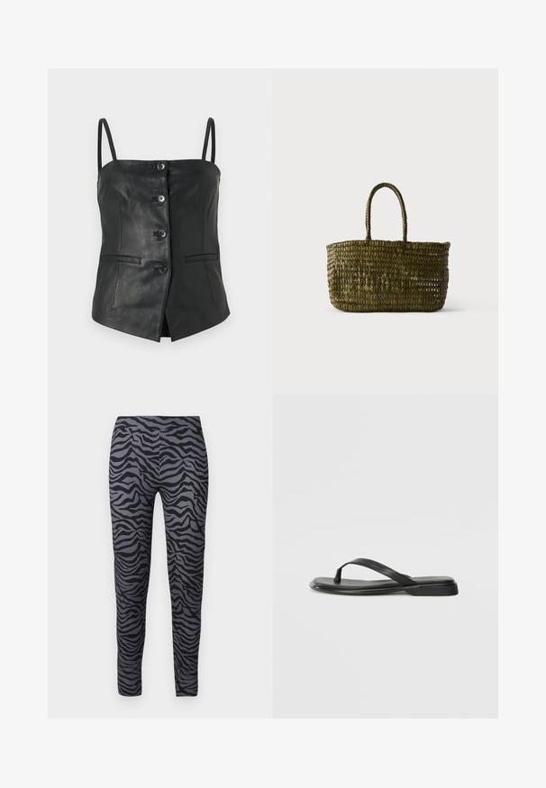 Sort ærmeløs lædertop med fire frontknapper, tynde stropper og to vandrette lommeklapper på en ensfarvet hvid baggrund.; Tætsiddende leggings i sort og grå med et zebra-stribe mønster. Lavet af et glat, strækbart stof. Lengden er fuld.; Sorte flip-flops lavet af glat læder, med et tyndt remdesign og en flad sål med et minimalt profil. Ingen bemærkelsesværdige mønstre eller accenter.; Olivengrøn vævet tote-taske med to afrundede håndtag mod en ensartet lys baggrund.