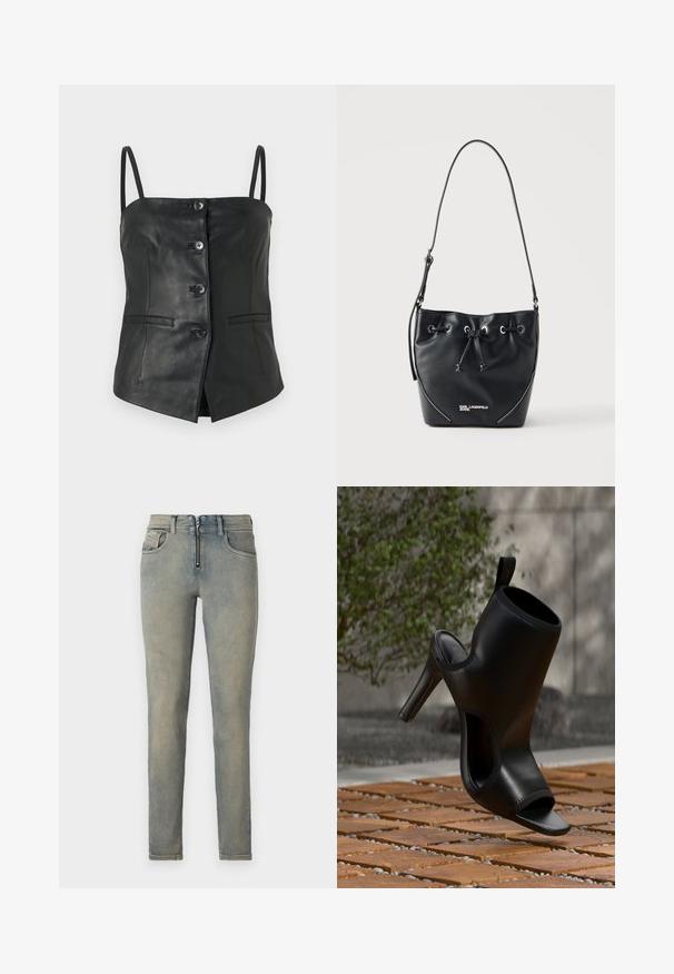 Schwarzes ärmelloses Lederoberteil mit vier vorderen Knöpfen, dünnen Trägern und zwei horizontalen Taschenklappen auf einem schlichten weißen Hintergrund.; Schmale Jeans aus hellblauem Denim mit einem Reißverschluss vorne, fünf Taschen und einem ausgewaschenen Look mit subtilen Farbvariationen.; Schwarzer hochhackiger Mule-Schuh mit offenem Zehenbereich und ausgeschnittenen Seiten, draußen auf Holzbrettern mit unscharfem grünem Laub im Hintergrund gezeigt.; Schwarze Leder-Bucket-Bag mit verstellbarem Schulterriemen, Kordelzugverschluss und silbernem Logo „Karl Lagerfeld Jeans“ auf der Vorderseite.