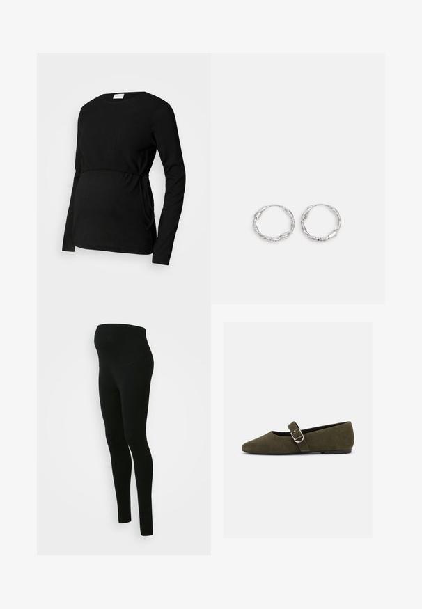 Top de maternidad negro de manga larga hecho de un tejido texturizado. Cuenta con una cintura fruncida y lazos laterales para un ajuste ajustable.; Leggings de maternidad negros con una cinturilla alta y de soporte, textura suave, diseño ajustado y sin patrones ni adornos visibles.; Zapato plano Mary Jane de ante verde oliva con hebilla de plata y punta redondeada, mostrado sobre un fondo blanco.; Pendientes de aro plateados con textura ondulada e irregular. Presentan una forma circular delgada y un acabado reflectante.