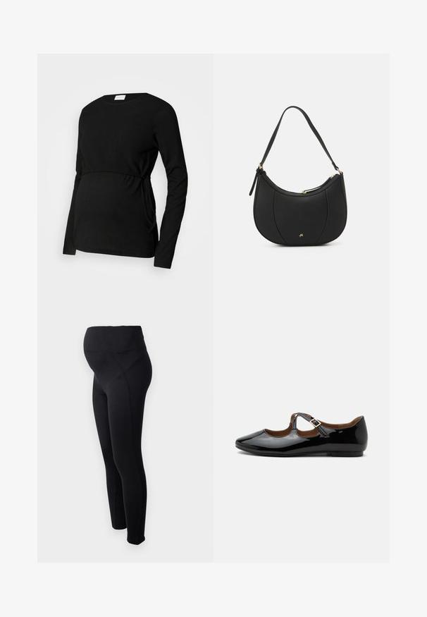 Schwarzes Langarm-Maternity-Top aus strukturiertem Stoff. Es hat eine geraffte Taille und seitliche Bänder für eine verstellbare Passform.; Schwarze Schwangerschaftsleggings mit hohem Bund, hergestellt aus elastischem Material. Sie verfügen über eine glatte Textur und ein figurbetontes Design für höchsten Komfort.; Schwarzer Mary Jane flacher Schuh aus Lackleder mit zwei Ausstanzungen und einem goldfarbenen Schnallenriemen auf weißem Hintergrund.; Schwarze Lederhandtasche mit geschwungenem Design, strukturiertem Material, vorderen Nähten und einem Logo in Goldtönen. Verfügt über einen einzelnen verstellbaren Tragegurt.