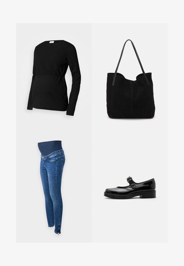 Schwarzes Langarm-Maternity-Top aus strukturiertem Stoff. Es hat eine geraffte Taille und seitliche Bänder für eine verstellbare Passform.; Schwangerschaftsjeans aus dunkelblauem Denim. Slim Fit mit einem dehnbaren, unterstützenden Bauchband. Mit seitlichen Reißverschlüssen an den Knöcheln.; Schwarzer Lackleder Mary Jane Schuh mit abgerundeter Spitze, niedrigem Blockabsatz und verstellbarem Schnallenriemen über dem Spann.; Schwarze Wildleder-Umhängetasche mit zwei langen, flachen Ledergriffen. Sie verfügt über eine gewölbte obere Kante und sichtbare Nähte auf der Vorderseite. Keine Hardware-Details.
