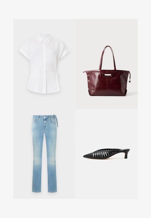 Blouse blanche à manches courtes avec boutons et col, légèrement cintrée à la taille, présentée sur un fond clair uni.; Jean en denim bleu clair à jambes droites avec poches avant, fermeture à boutons et un petit nœud décoratif sur le côté droit de la taille.; Mule en cuir noir avec bout pointu, design découpé à brides et petit talon kitten sur fond blanc.; Sac cabas en cuir rouge foncé avec longues anses, prise rectangulaire découpée, et breloque en forme de cœur sur la fermeture éclair.