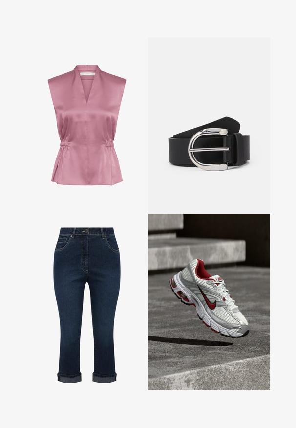 Ærmeløs lyserød satinbluse med dyb V-hals og detaljer med indsnøring i taljen, glat tekstureret stof, designet til kvinder.; Mørkeblå denim korte jeans med forlommer, knaplukning og optrukne kanter.; Hvid atletiksko med røde accenter, mesh-overdel, sølvdetaljer og sort sål. Har Nike-logo og polstret mellemsål.; Sorte læderbælte med en sølvfarvet metalspænde, der har en glat tekstur og et klassisk design. Remmen er 3,8 cm bred.