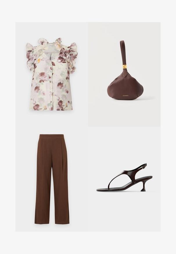 Blouse à manches courtes fleurie avec épaules volantées, boutonnage sur le devant et motifs floraux rose pastel, violet et vert sur fond crème.; Pantalon marron à jambes larges avec une texture lisse, présentant un devant plat et des plis. La taille est élastiquée pour le confort et l'ajustement.; Sandale slingback en cuir verni marron foncé avec petit talon et bride entre les orteils sur fond blanc.; Petit sac bracelet en cuir marron avec plaque logo dorée et nom de la marque "Coccinelle" embossé sur le devant, sur fond blanc.