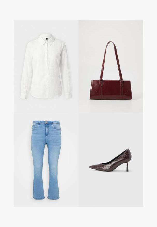 Witte blouse met lange mouwen, knopen, kraag, subtiele bloemenborduursel met oogjes en aansluitende manchetten op een effen achtergrond.; Lichtblauwe uitlopende jeans van katoen denim. Beschikt over een hoge taille, vijf zakken en zichtbare stiksels langs de naden en de zoom.; Bruine nepleren pumps met een puntige neus en krokodillenstructuur, voorzien van een slanke, hoekige hak en een gladde binnenvoering.; Bourgondische handtas van glanzend materiaal, rechthoekige vorm, met twee schouderbanden en subtiele gebogen accenten aan de voorkant.
