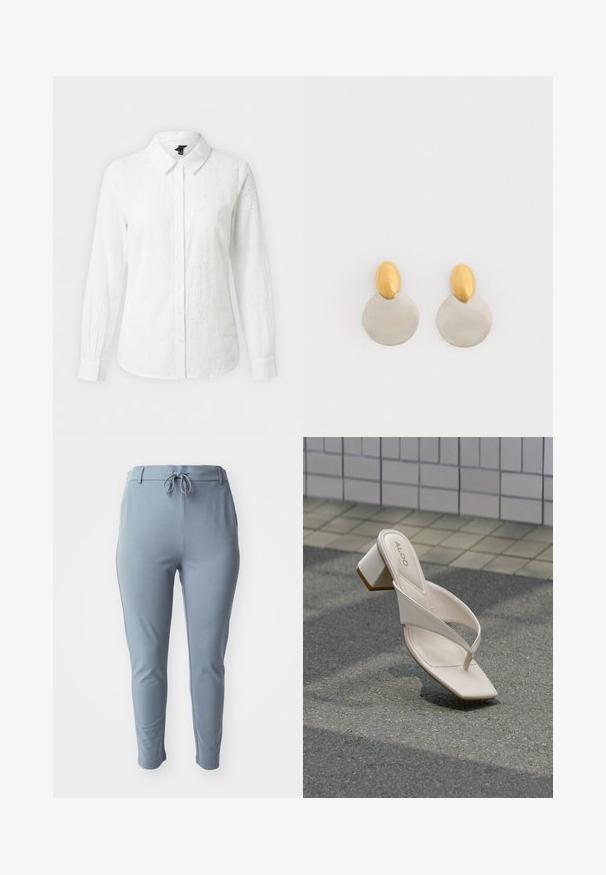 Blusa blanca de manga larga con botones, cuello, sutil bordado floral calado y puños ajustados sobre un fondo liso.; Pantalones elásticos de color azul claro, con un corte entallado, cinturilla elástica y cordón ajustable. Cuenta con bolsillos laterales y una textura suave.; Sandalia de tacón beige con punta cuadrada y tiras cruzadas sobre asfalto gris cerca de una pared de azulejos de fondo.; Pendientes de metal dorado y plateado con base de disco redondo y pieza superior ovalada, textura suave y acabado pulido.