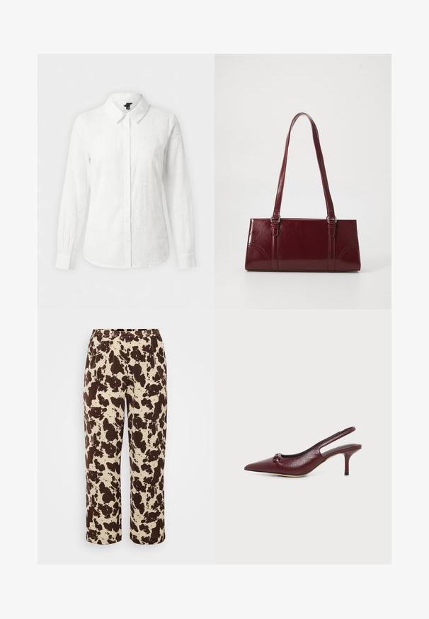 Hvid langærmet skjorte med knapper, krave, subtil blomsterbroderi og tætsiddende manchetter på en ensfarvet baggrund.; Brune og creme mønstrede sweatpants med elastisk talje og lige ben-design, fremstillet af blødt, let stof.; Bourgognefarvet læder slingback kitten heel med spids tå og lille sløjfe på overdelen, vist på hvid baggrund.; Bordeaux håndtaske lavet af glansfuldt materiale, rektangulær form, med to skulderremme og subtile buede detaljer på forsiden.