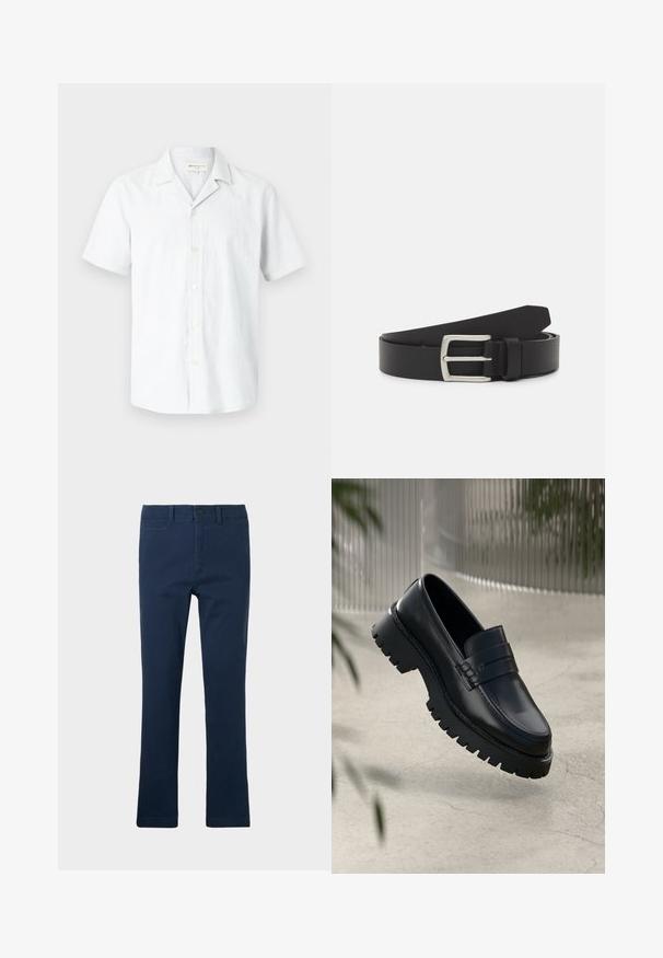 Camisa de botón de manga corta, de color gris claro, hecha de una mezcla de lino, con un cuello tipo camp y seis botones en el frente, textura suave.; Pantalones de algodón azul marino con un diseño de pierna recta, que cuentan con bolsillos frontales, cierre de cremallera y un botón en la parte superior.; Mocasines de cuero negro con suela gruesa, que presentan una correa decorativa y detalles de costura. Textura suave con un acabado pulido.; Cinturón de cuero negro con hebilla de metal plateado. Presenta una textura suave y un diseño clásico con una sola punta.