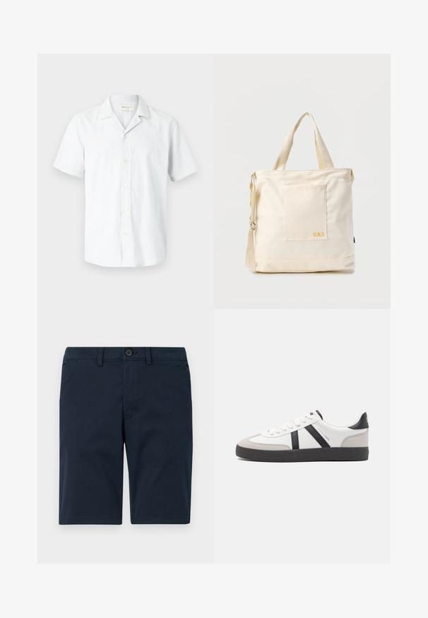 Camisa de botón de manga corta, de color gris claro, hecha de una mezcla de lino, con un cuello tipo camp y seis botones en el frente, textura suave.; Pantalones cortos azul marino hechos de una mezcla de algodón, con cierre de botón, trabillas para cinturón y dobladillo recto con un detalle mínimo.; Zapatilla blanca con acentos en negro y gris, que presenta una puntera texturizada en gris, suela de goma negra y cordones planos blancos. Diseño limpio, estilo minimalista.; Bolsa tote de lona color crema con bolsillo delantero, dos asas, correa de hombro ajustable y pequeño texto amarillo "O.N.S" en la parte inferior derecha del bolsillo.