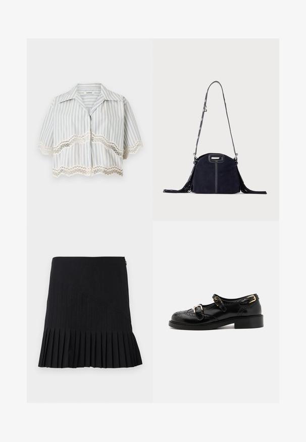 Kortærmet cropped bluse med blå lodrette striber og bølget blonderkant ved ærmer og kant, knaplukning foran, åben krave.; Sort plisseret nederdel med sydde diagonale paneler, en tætsiddende talje og en udskåret nederste kant. Materialerne fremstår lette og glatte.; Sorte lædersko med brogue-detaljer, der har to spænder, rund tå og lav hæl. Glat tekstur med blank finish.; Mørkeblå ruskindstaske med hvide syninger, et udskåret håndtag, mønstret skulderrem og lange frynser på begge sider.