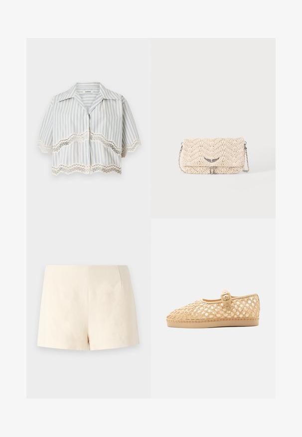 Kurzärmelige, bauchfreie Bluse mit blauen vertikalen Streifen und gewelltem Spitzenbesatz an Ärmeln und Saum, vorne mit Knöpfen, offenem Kragen.; Beige maßgeschneiderte Shorts aus leichtem Stoff, mit glatter Textur, klaren Linien und ohne sichtbare Verschlüsse oder Taschen.; Beiger gewebter flacher Schuh mit geschlossenem Zehenbereich, verstellbarem Schnallenriemen und flacher Sohle auf weißem Hintergrund.; Beige gewebte Clutch-Tasche mit Klappe, Metallkettenriemen und kleiner silberner flügelförmiger Verzierung vorne.