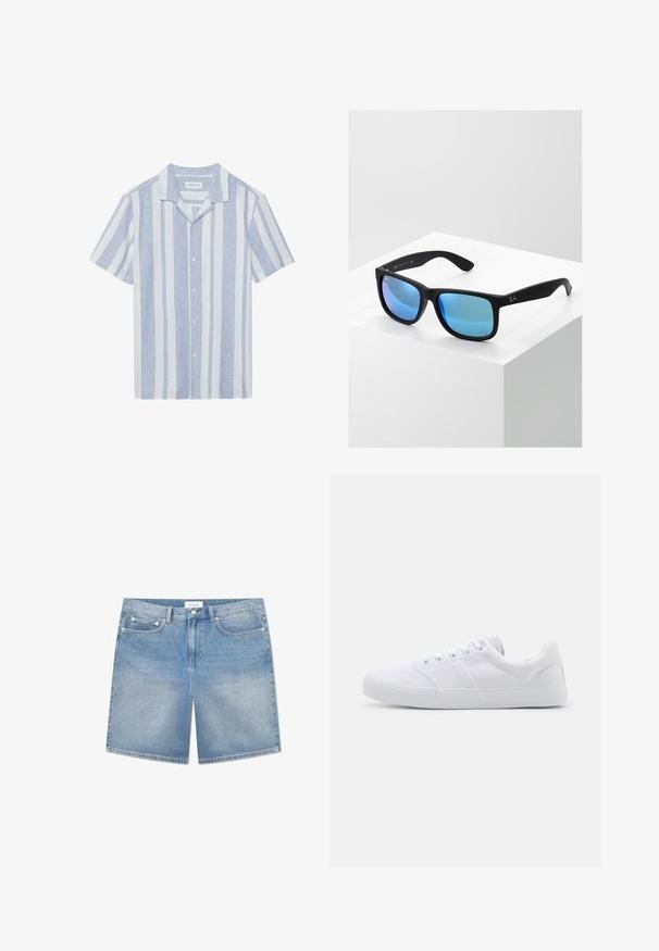 Kortærmet skjorte med knapper i lys blå og hvide striber, med en camp krave og tekstileret, åndbart stof.; Lysblå denimshorts med lige snit, fem lommer, let slidtage og en mærkebetegnelse på waistbandet. Bomuldsstof med klassisk syning.; Hvide lærreds sneakers med gummisål, der har seks snørehuller, en struktureret tåkap og et minimalistisk design.; Sorte rektangulære solbriller med blå spejlende linser. Har en mat finish og Ray-Ban-logoet på stængerne.