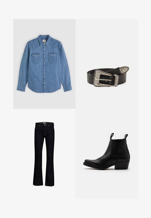 Langærmet blå denimskjorte med spids krave, knappet front og to brystlommer med knapklapper på ensfarvet baggrund.; Mørkeblå bukseskær med flared fit lavet af denim med en glat tekstur. Har fem lommer, messingbeslag og kontrastsygning.; Kentucky's Western Cowboy- / bikerstøvlette - black; Sort læderbælte med en udsmykket sølvspænde med indviklede graveringer og en dekorativ spids, der fremhæver tekstur og håndværk.