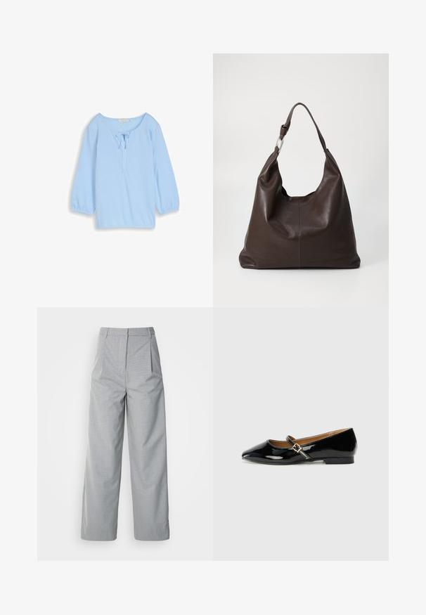 Blusa azul claro con rayas verticales, mangas largas, detalle de lazo al frente y escote redondo. Tela lisa con un ajuste relajado.; Pantalones de pierna ancha gris hechos de un tejido texturizado, con una cintura alta, pliegues en la parte delantera y corte recto hasta el dobladillo.; Zapato plano de charol negro con punta afilada, tira en el tobillo con hebilla de tono dorado y tacón bajo tipo bloque. Acabado suave y brillante.; Zign LEATHER - Bolso shopping - chocolate brown